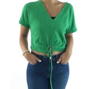 Zara Kelly Crepe Crinkle V-Neck Keyhole Tie Waist Crop‎ Top Green Size M Boho